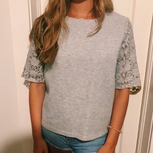 Ann Taylor Loft Grey Shirt with Lace Sleeves